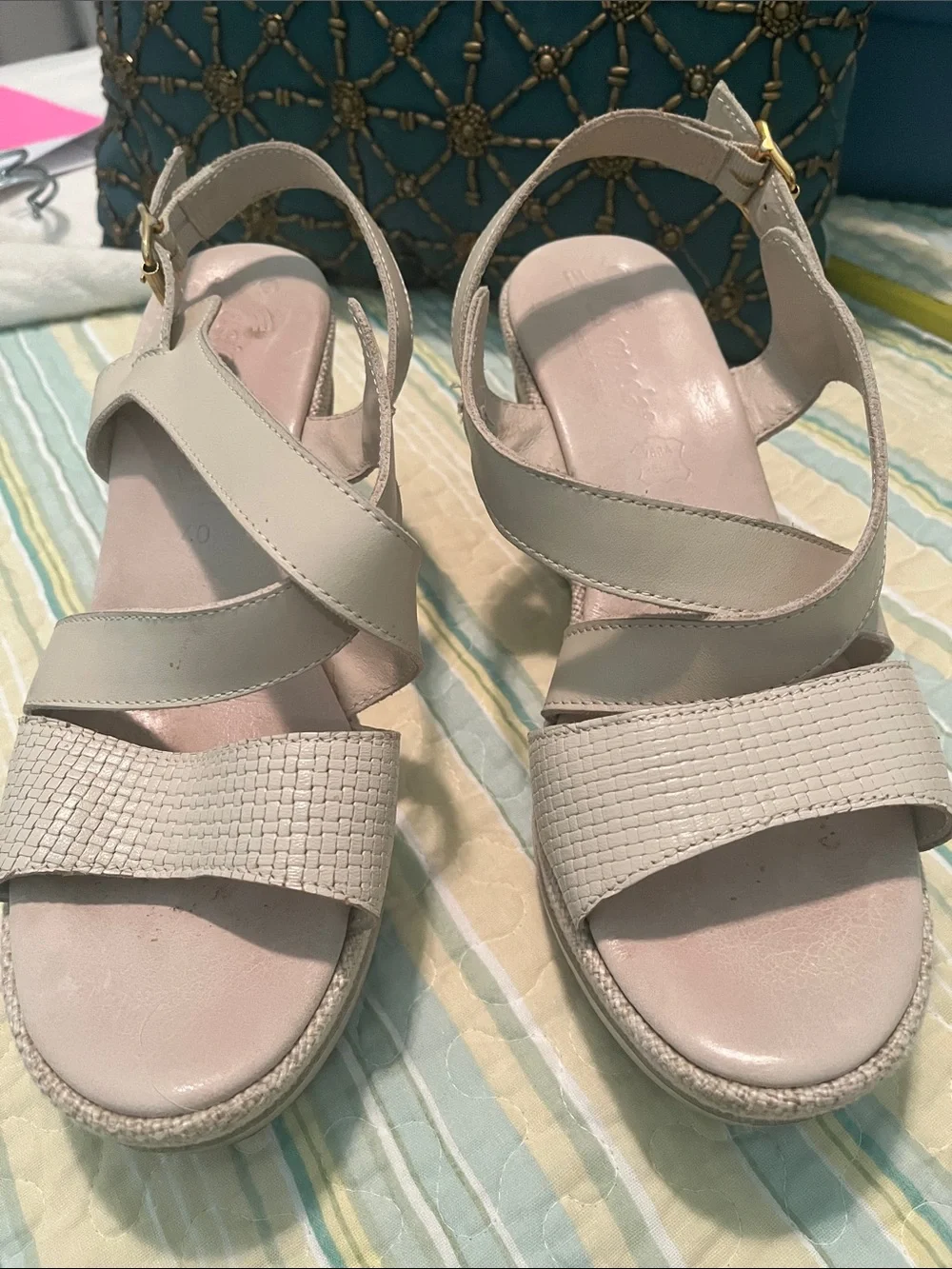 Women’s Cream Strappy Wedge Sandals with Textured Toe Strap